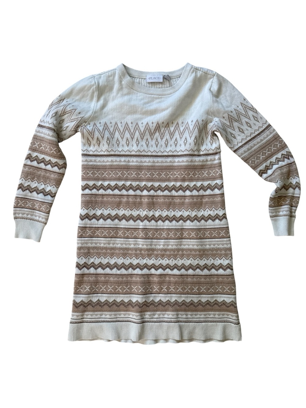 The Children’s Place Fair Isle Knit Sweater Dress Size 14 XL Beige Tan